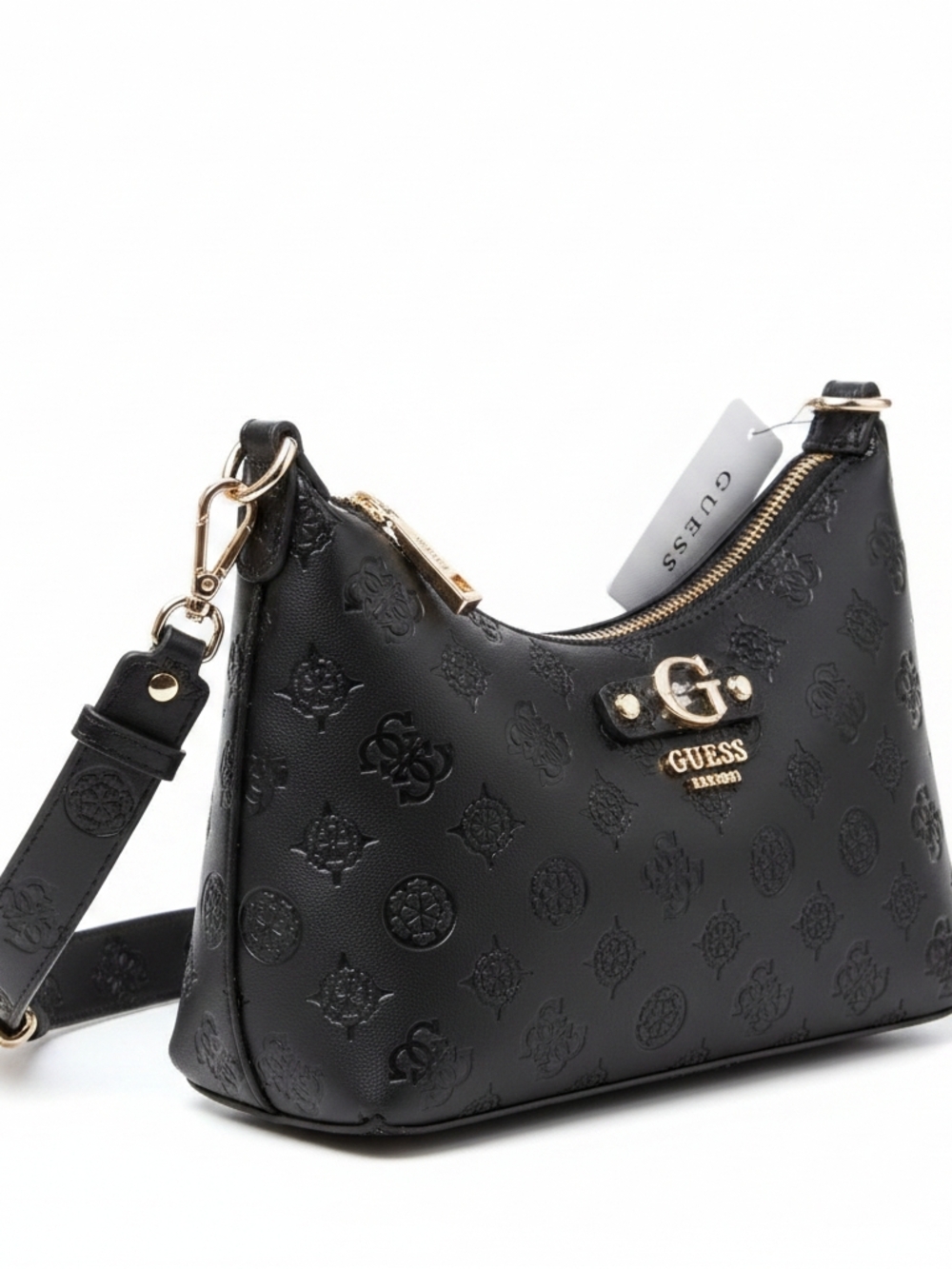 GUESS Black Logo Embossed Shoulder Bag Gold Chain Strap NEW